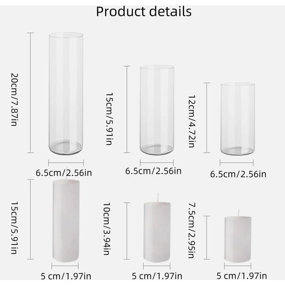 Set of 12 White Pillar Candles with Glass Cylinder Vases Clear Hurricane Glass